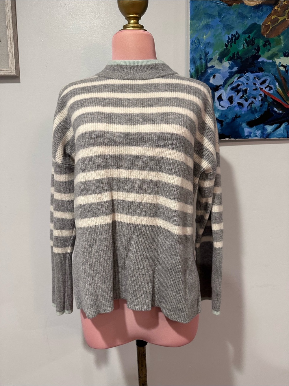 Striped Crewneck Sweater in Gray and Cream